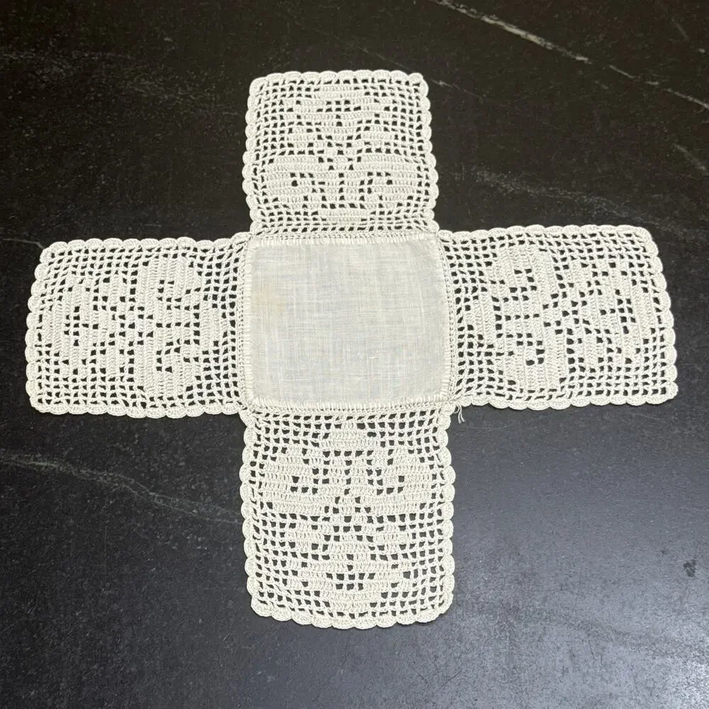 Vintage Handmade Filet Crochet Cross Shape Doily Linen Center Heart Motif